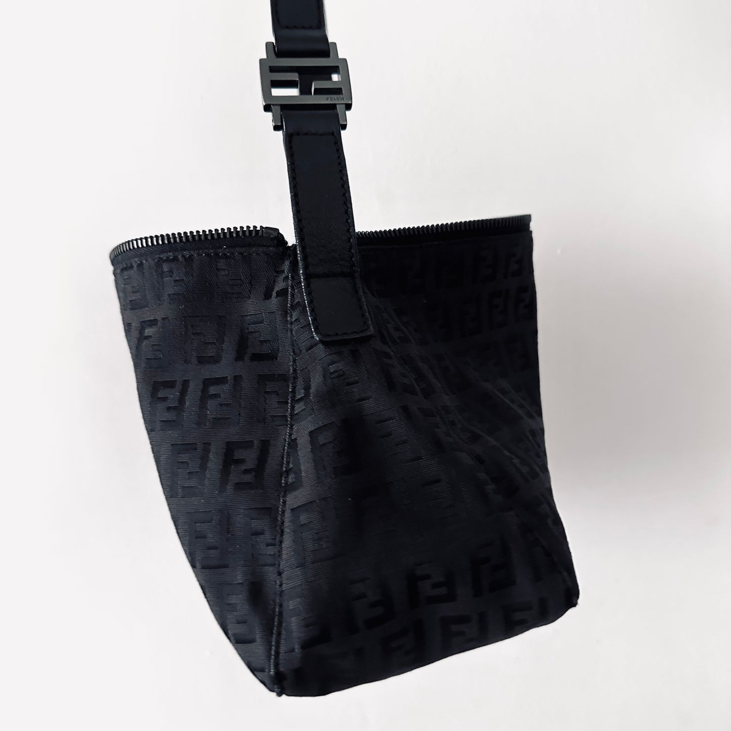 Fendi Black FF Zucca Zucchino Monogram Logo Pochette Baguette Hobo Shoulder Bag