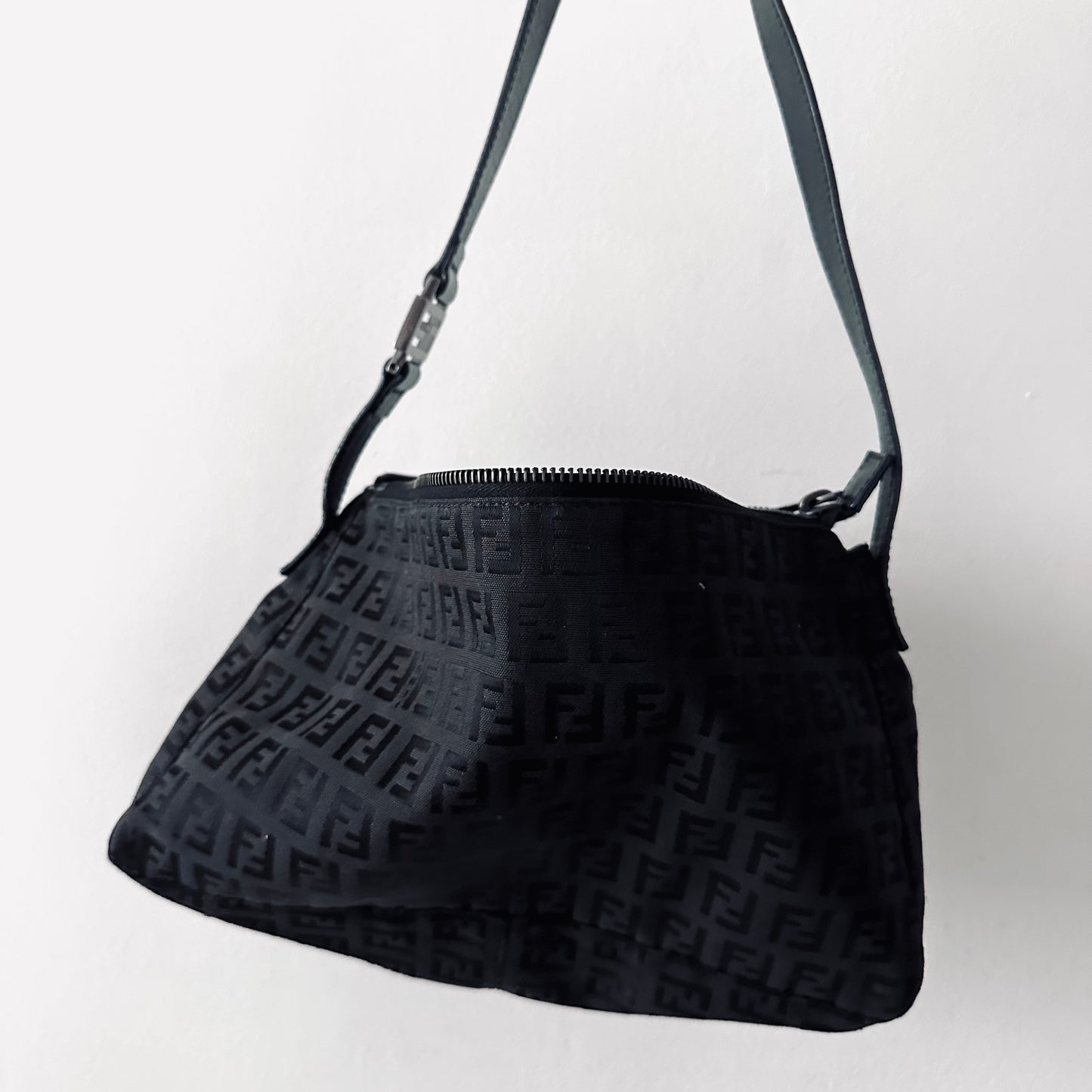 Fendi Black FF Zucca Zucchino Monogram Logo Pochette Baguette Hobo Shoulder Bag