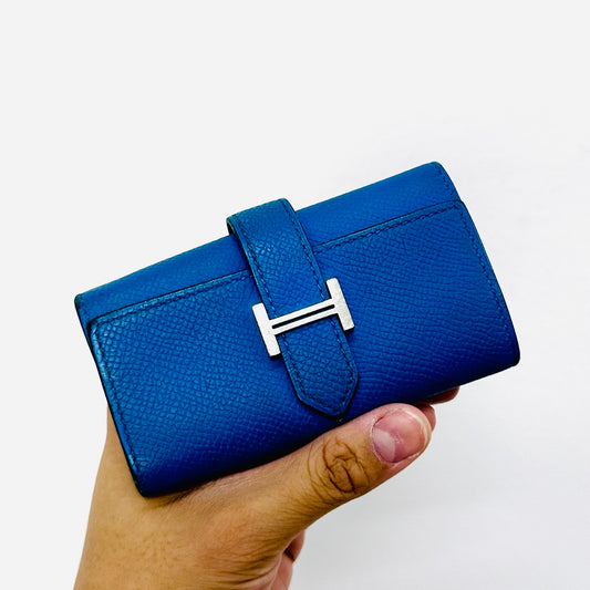 Hermes Bleu Blue Bearn H Monogram Logo Epsom Leather Compact Flap 4 Key Ring Holder Cles Wallet Case