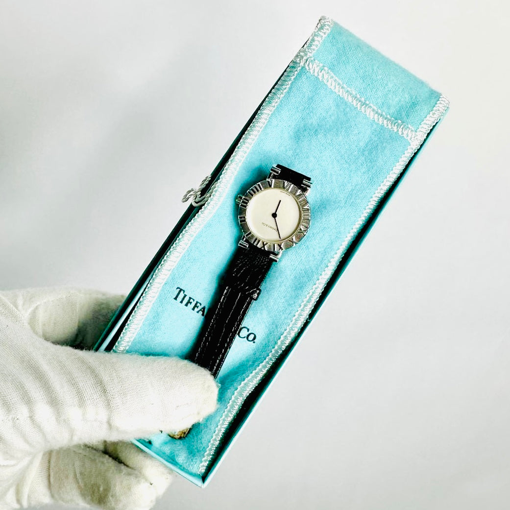 Tiffany & Co T&C Atlas Sterling Silver Black Embossed Leather Strap 24MM Quartz Watch