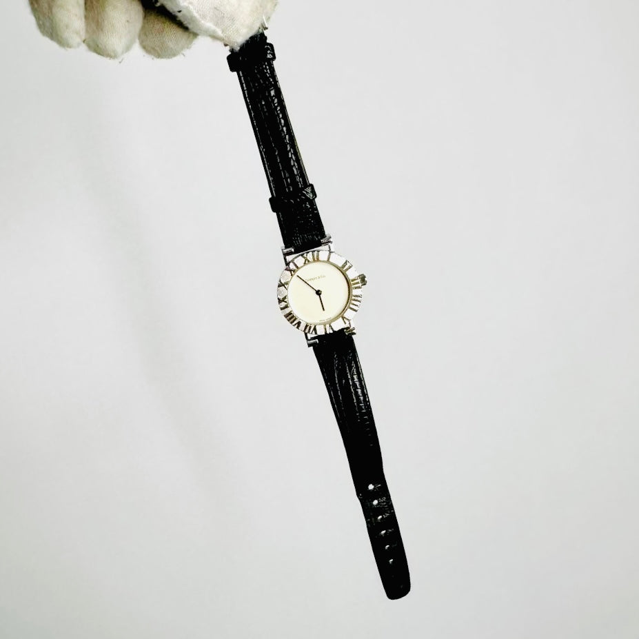 Tiffany & Co T&C Atlas Sterling Silver Black Embossed Leather Strap 24MM Quartz Watch
