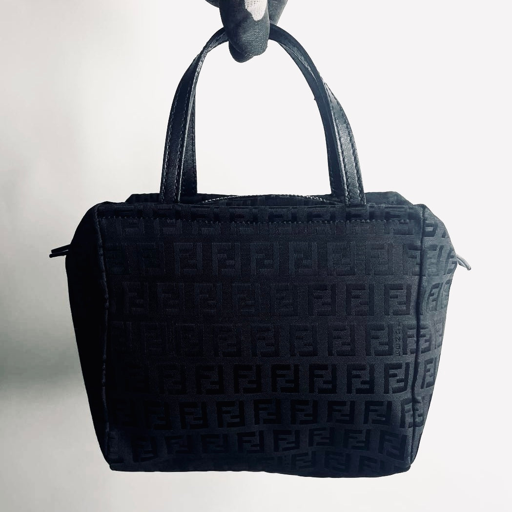 Fendi Black Zucca FF Monogram Logo Mini Bucket Dumpling Zip Tote Bag