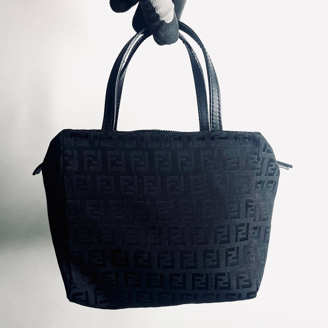 Fendi Black Zucca FF Monogram Logo Mini Bucket Dumpling Zip Tote Bag
