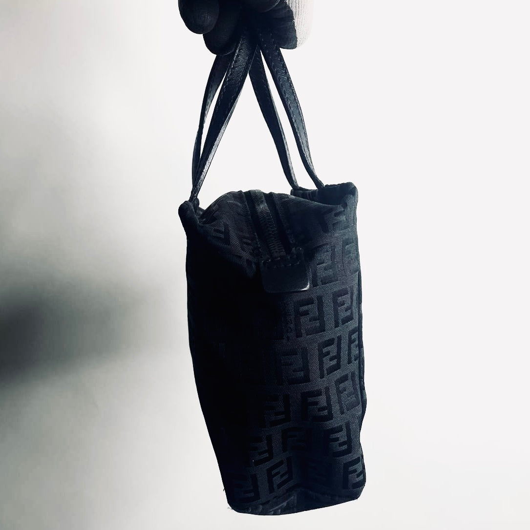 Fendi Black Zucca FF Monogram Logo Mini Bucket Dumpling Zip Tote Bag