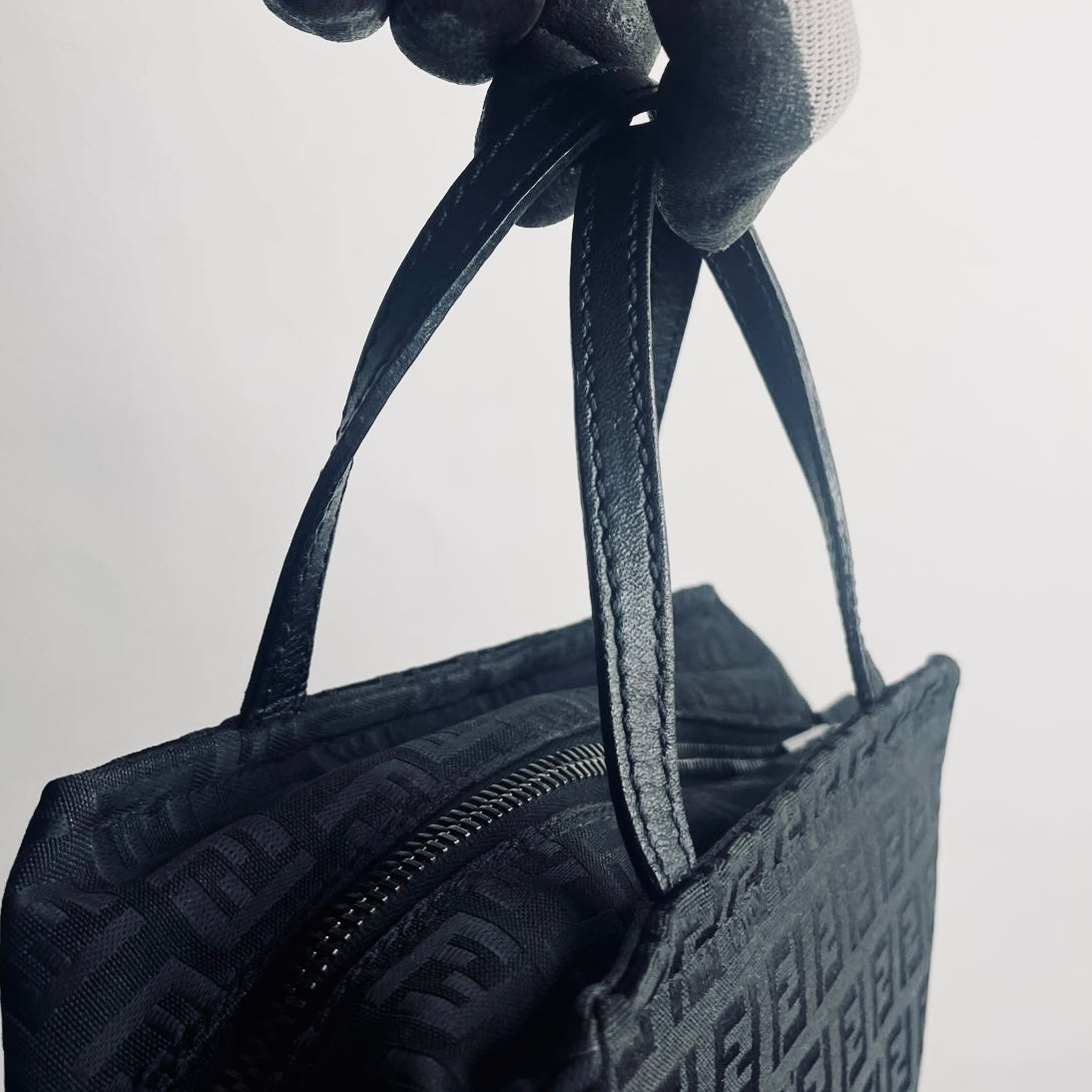 Fendi Black Zucca FF Monogram Logo Mini Bucket Dumpling Zip Tote Bag