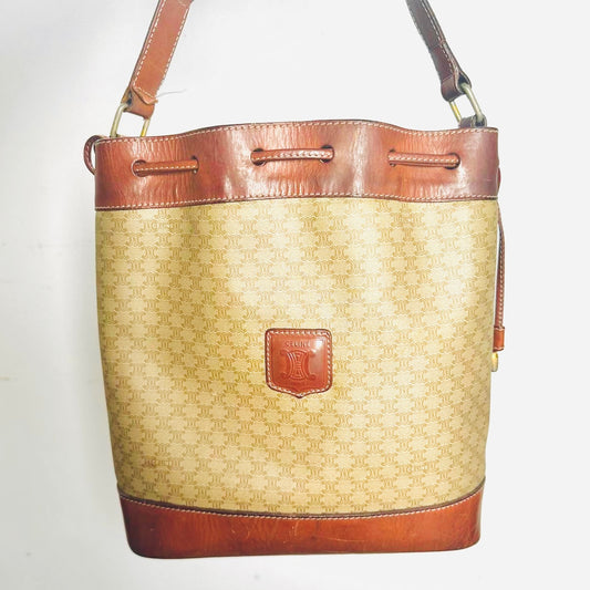 Celine Beige GHW Triomphe Macadam Monogram Logo Vintage Bucket Drawstring Shoulder Sling Bag With Pouch