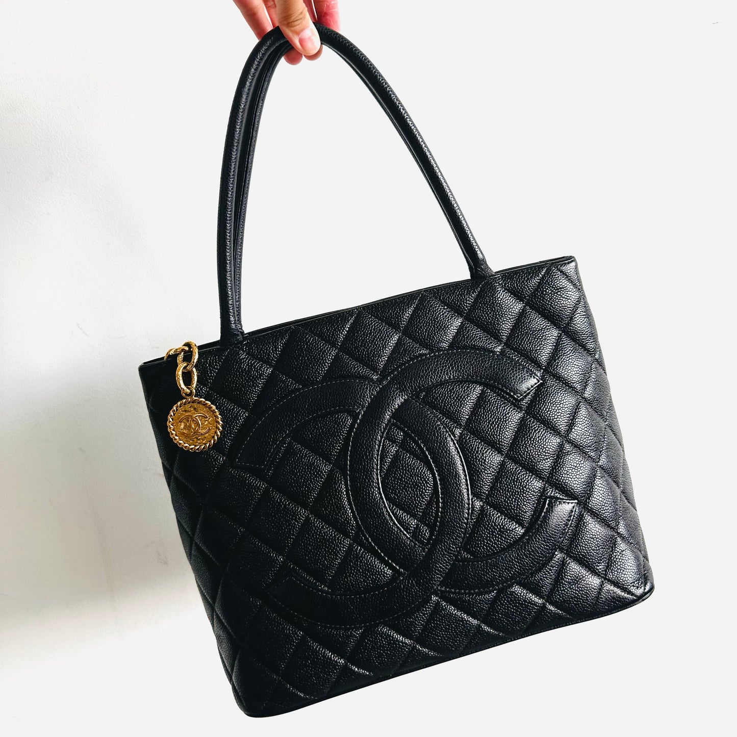 Chanel Black GHW Medallion Giant CC Monogram Logo Quilted Caviar Shoulder Shopper Tote Bag 7s