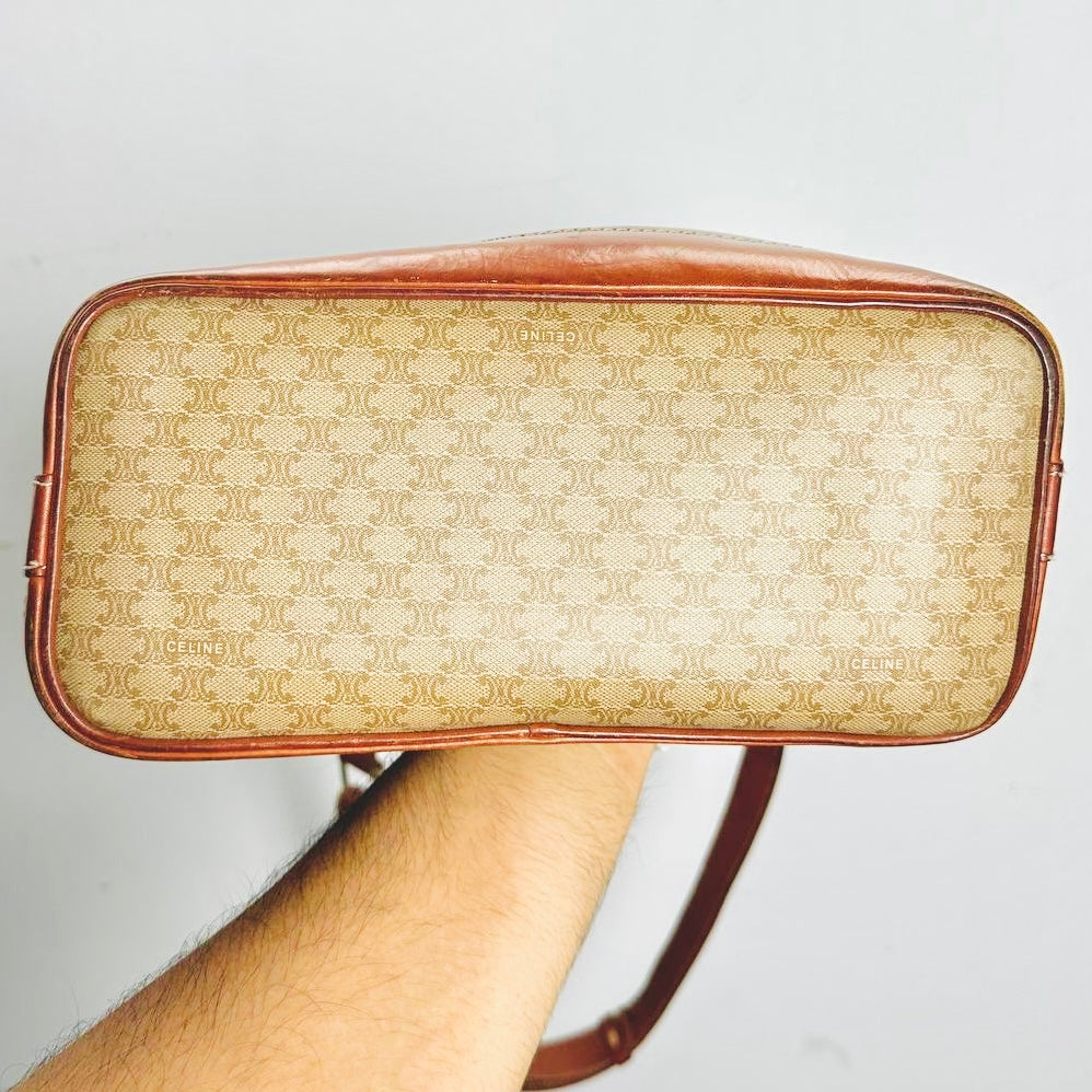 Celine Beige GHW Triomphe Macadam Monogram Logo Vintage Bucket Drawstring Shoulder Sling Bag With Pouch