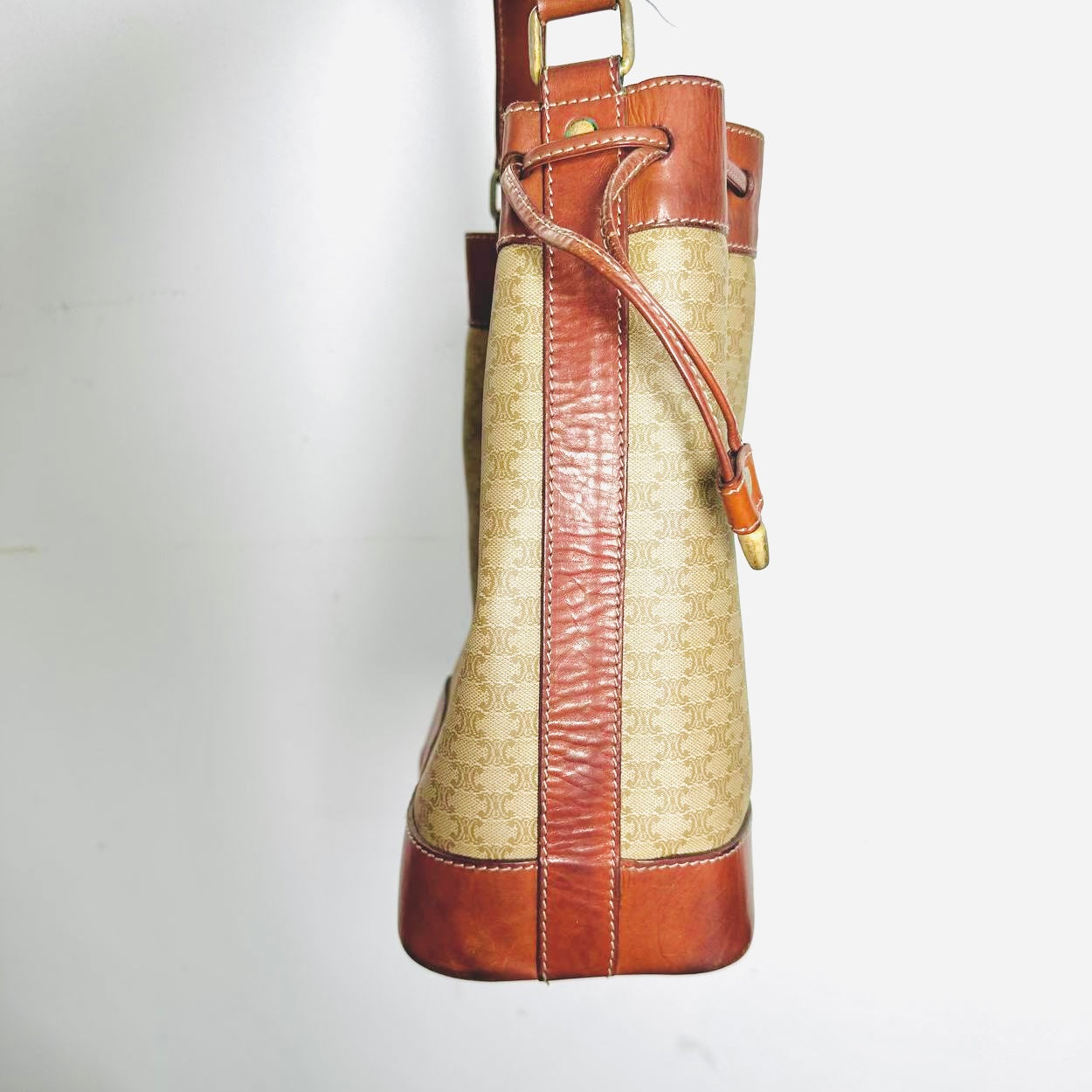 Celine Beige GHW Triomphe Macadam Monogram Logo Vintage Bucket Drawstring Shoulder Sling Bag With Pouch