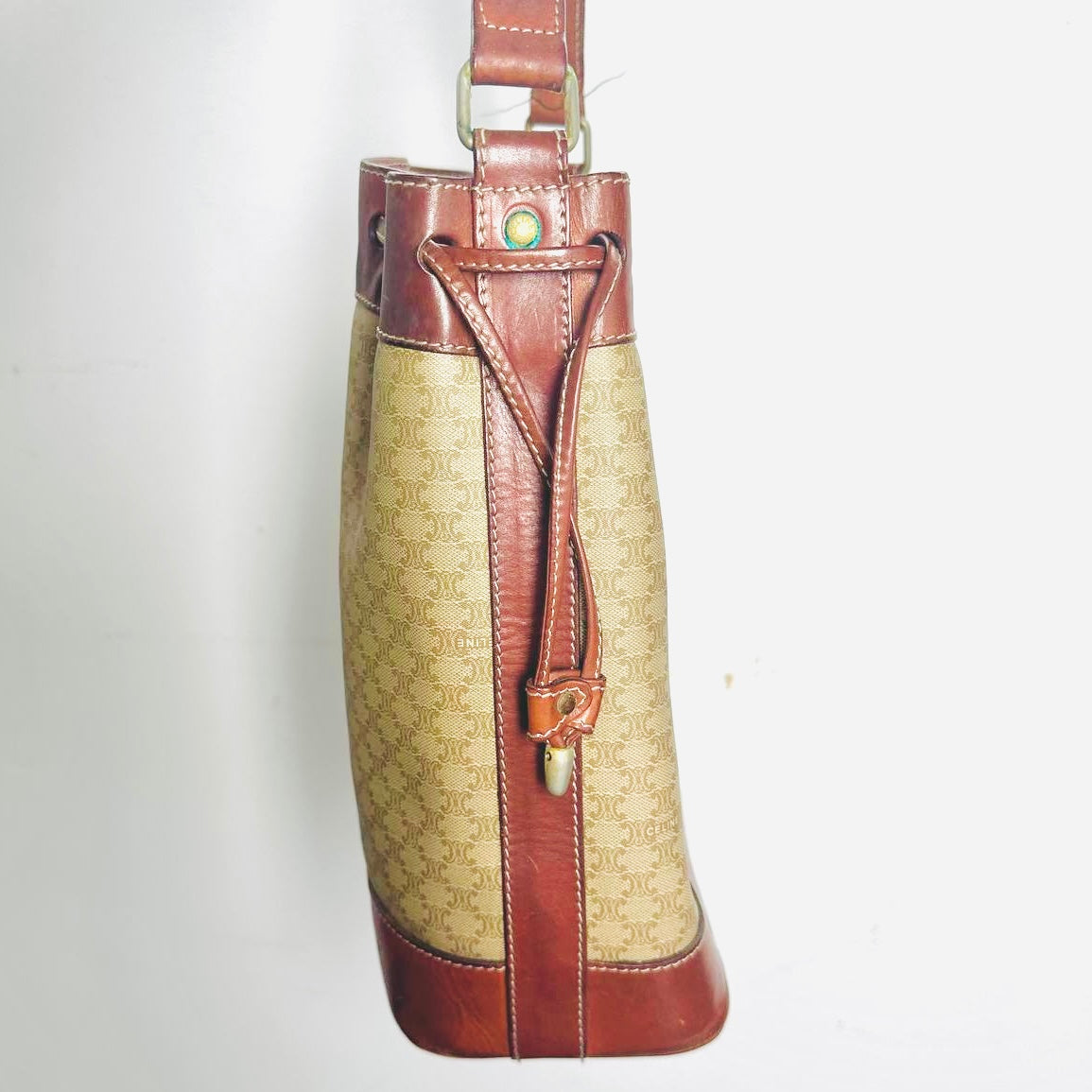 Celine Beige GHW Triomphe Macadam Monogram Logo Vintage Bucket Drawstring Shoulder Sling Bag With Pouch