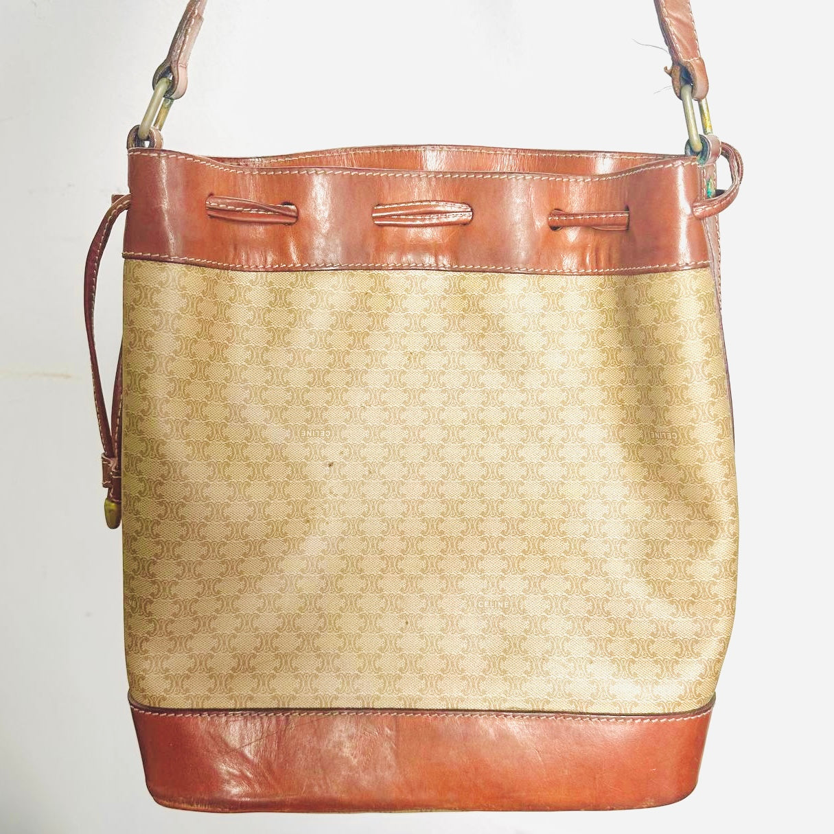 Celine Beige GHW Triomphe Macadam Monogram Logo Vintage Bucket Drawstring Shoulder Sling Bag With Pouch