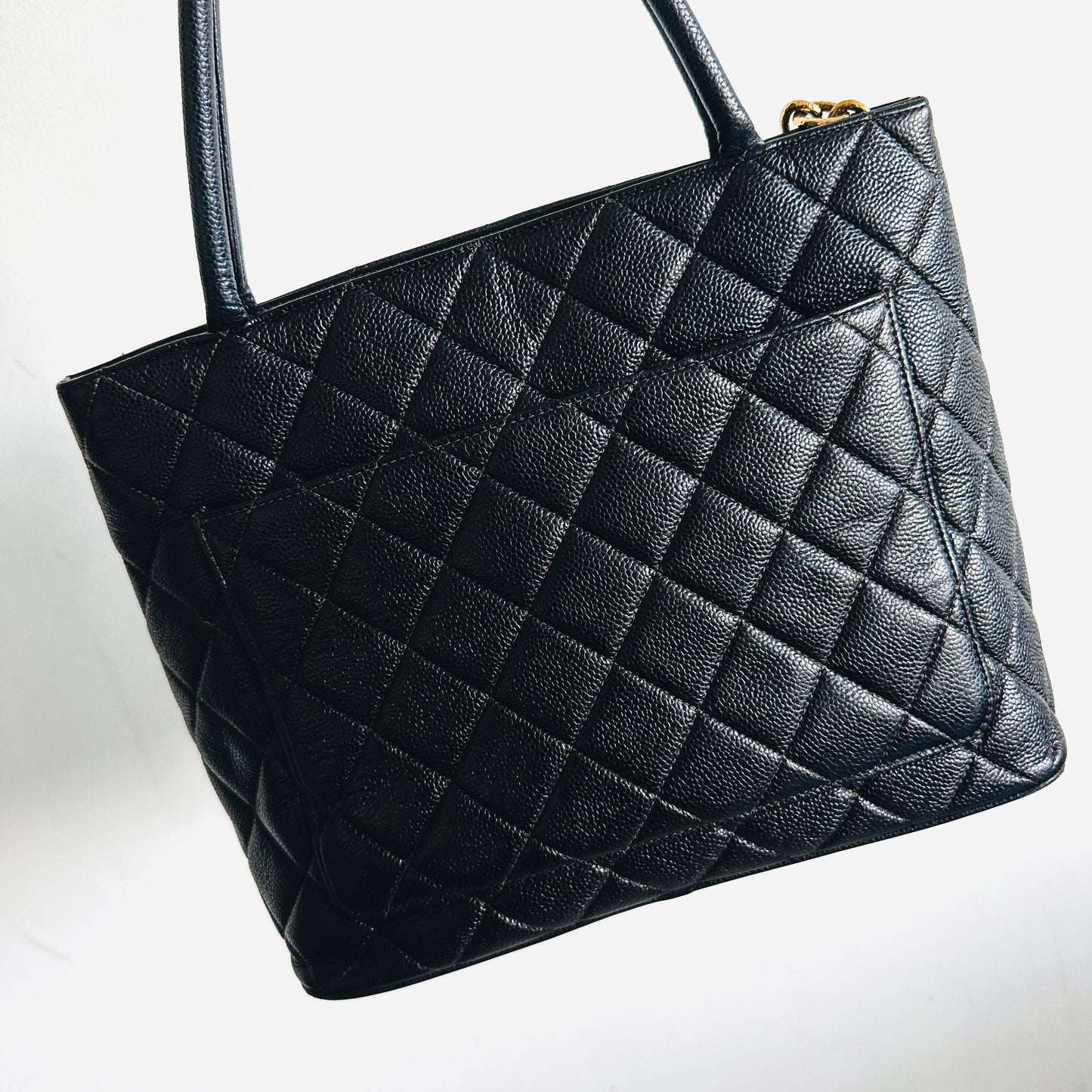 Chanel Black GHW Medallion Giant CC Monogram Logo Quilted Caviar Shoulder Shopper Tote Bag 7s