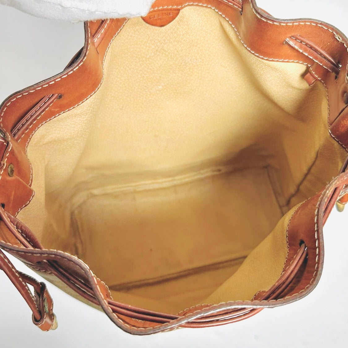 Celine Beige GHW Triomphe Macadam Monogram Logo Vintage Bucket Drawstring Shoulder Sling Bag With Pouch