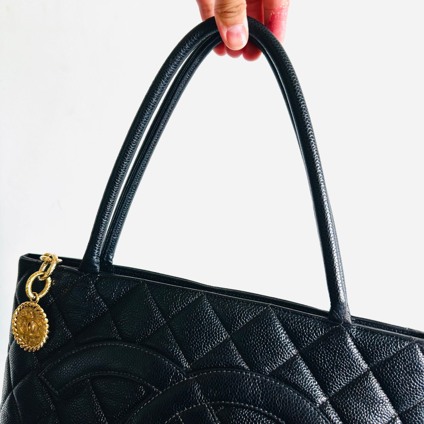 Chanel Black GHW Medallion Giant CC Monogram Logo Quilted Caviar Shoulder Shopper Tote Bag 7s