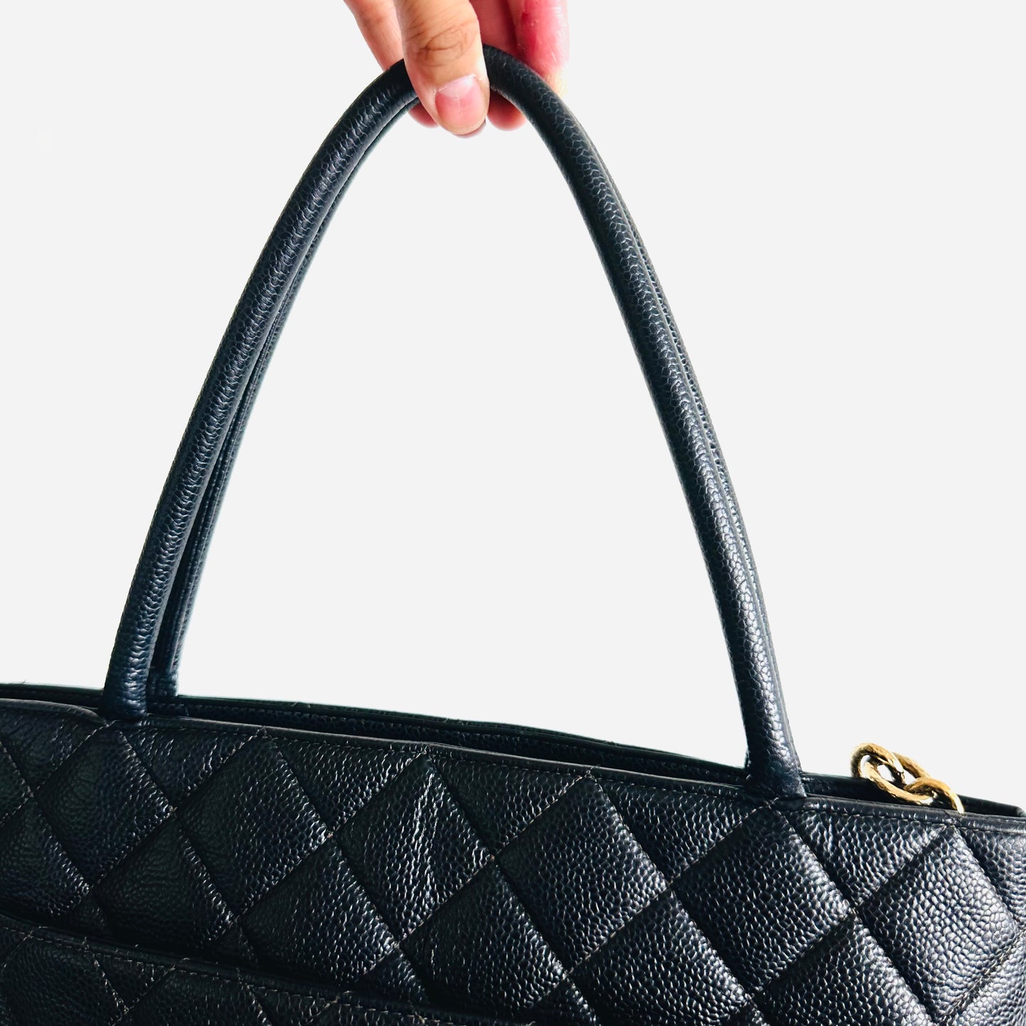 Chanel Black GHW Medallion Giant CC Monogram Logo Quilted Caviar Shoulder Shopper Tote Bag 7s