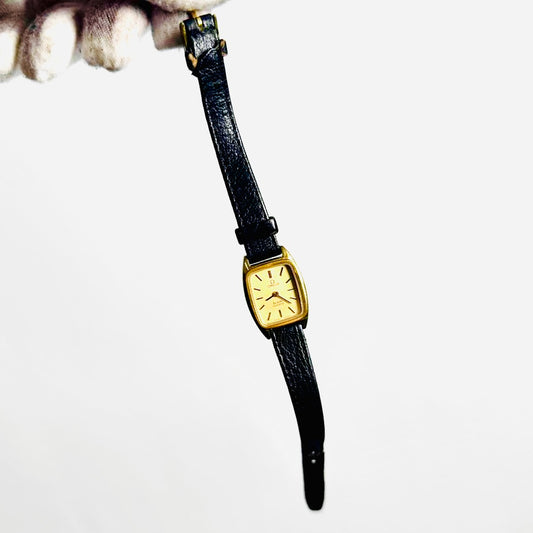 Omega De Ville Gold Dial Black Leather Strap Vintage 18MM Quartz Watch