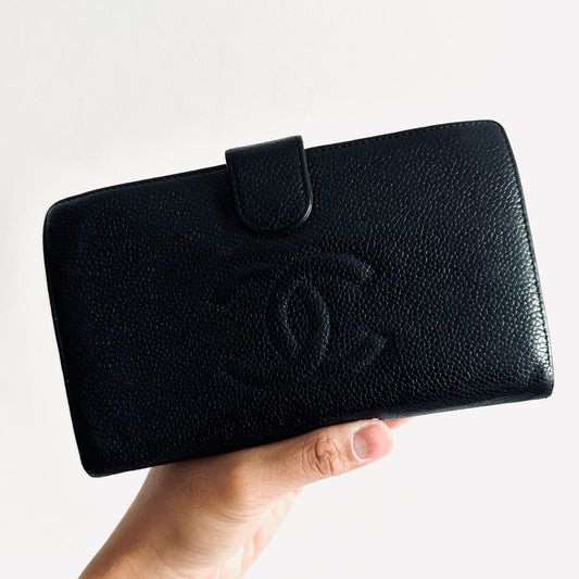 Chanel Black GHW Giant CC Logo Caviar Flap Bifold Long Wallet 9s