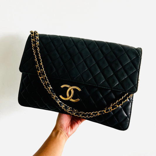 Chanel Black GHW Giant CC Monogram Logo Single Flap Quilted Lambskin Vintage 2-Way Maxi Shoulder Sling Bag 1s