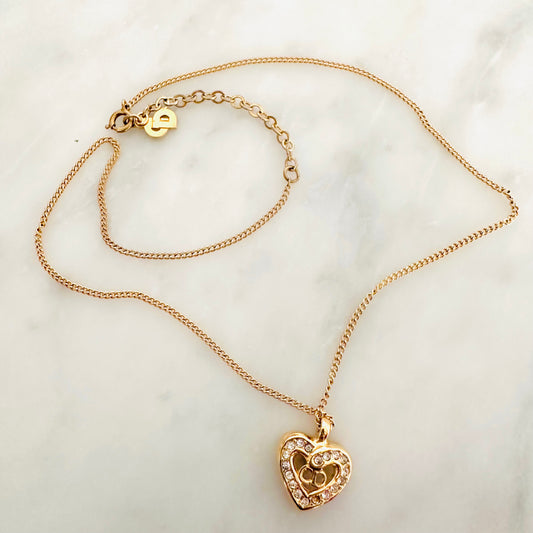 Christian Dior CD Giant Monogram Logo Gold Heart Pendant Necklace