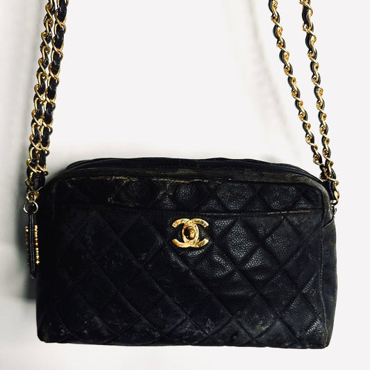 Chanel Black GHW Giant CC Logo Turnlock Caviar Leather Vintage Camera Shoulder Sling Bag 4s