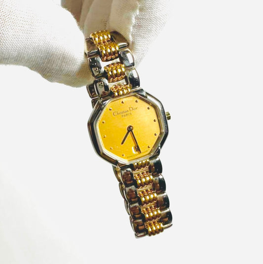 Christian Dior CD Gold Dial Monogram Logo Octagon Stainless Steel 26MM Quartz Watch