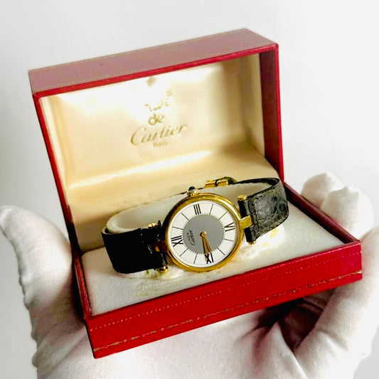 Cartier Must De Vendome Vermeil Gold Round Dial Black Embossed Leather Strap 30MM Quartz Watch