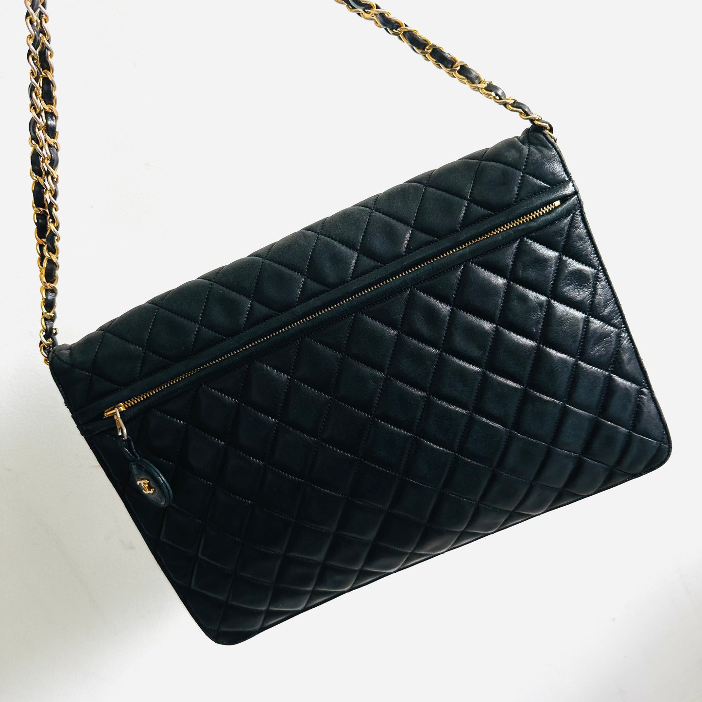 Chanel Black GHW Giant CC Monogram Logo Single Flap Quilted Lambskin Vintage 2-Way Maxi Shoulder Sling Bag 1s