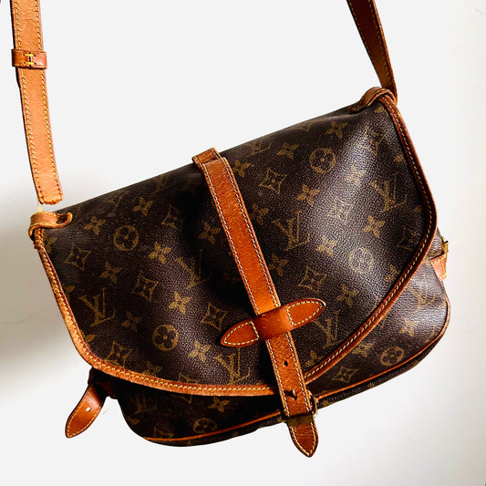 Louis Vuitton LV Saumur 28 Monogram Logo GHW Flap Satchel Shoulder Sling Bag