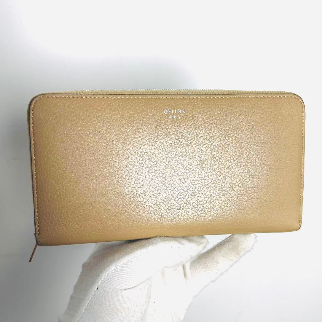 Celine Taupe Logo Drummed Calfskin Leather Large Zippy Zip Around Long Wallet