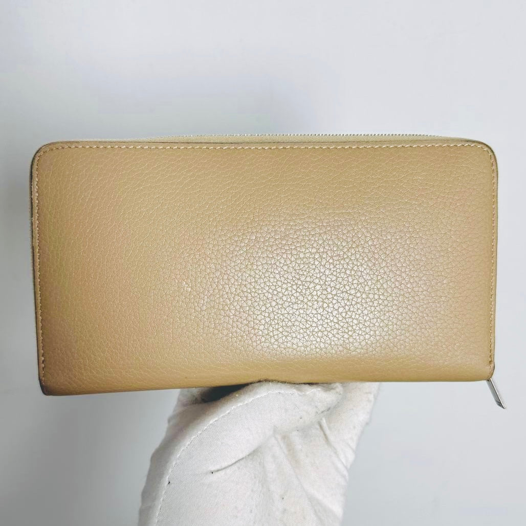 Celine Taupe Logo Drummed Calfskin Leather Large Zippy Zip Around Long Wallet
