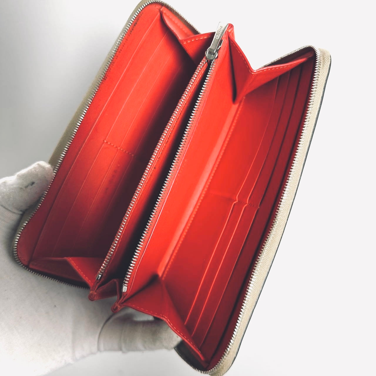 Celine Taupe Logo Drummed Calfskin Leather Large Zippy Zip Around Long Wallet