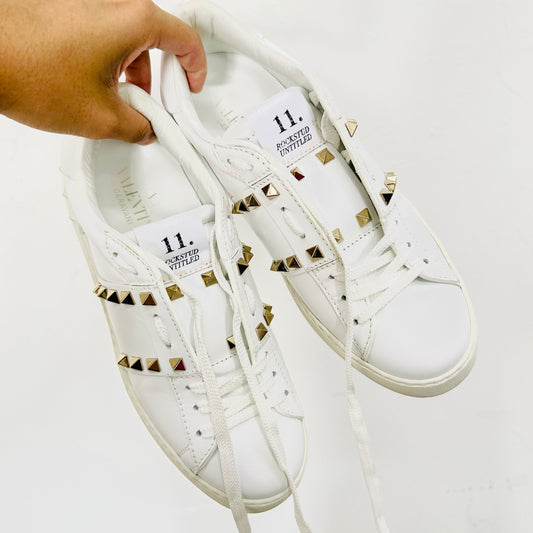 Valentino Garavani Untitled White GHW Gold Rockstud Embellished Smooth Leather Lace Up Sneakers Shoes