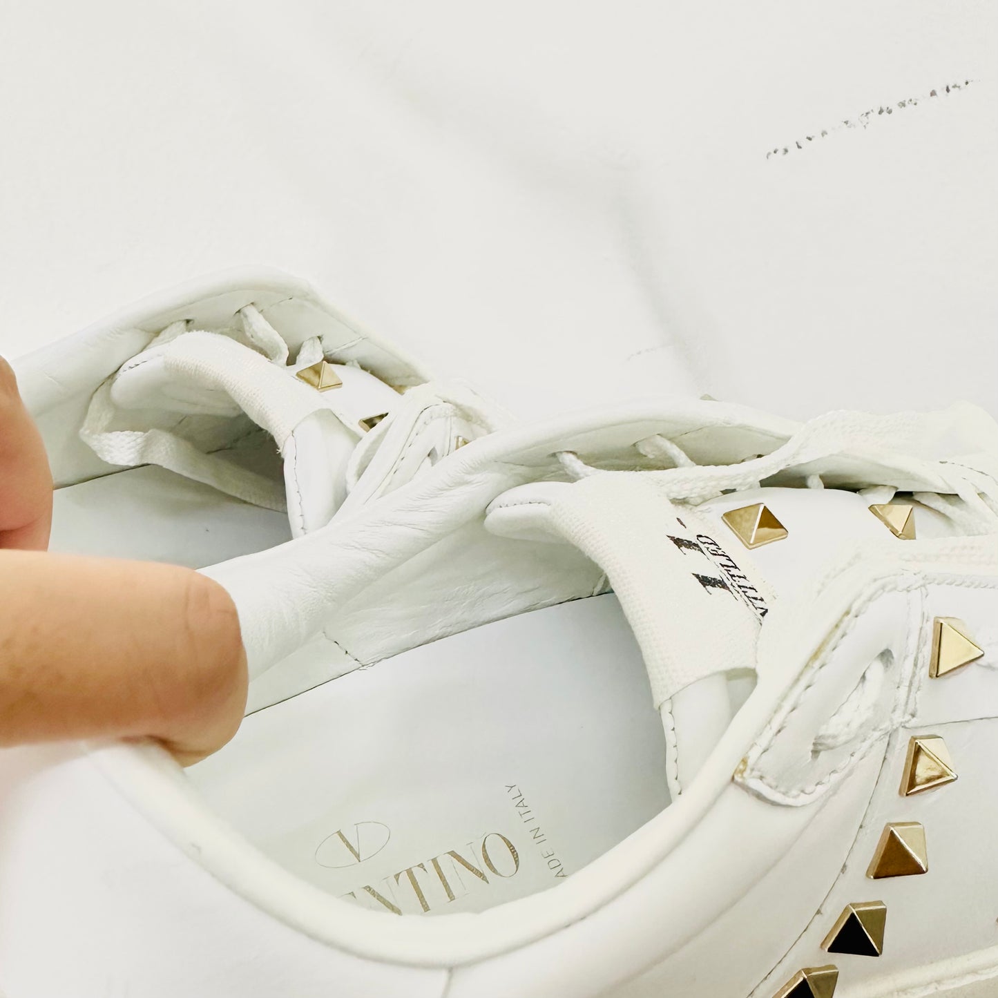 Valentino Garavani Untitled White GHW Gold Rockstud Embellished Smooth Leather Lace Up Sneakers Shoes