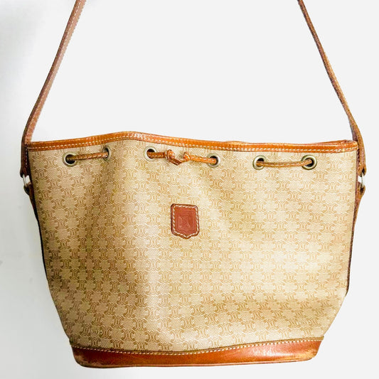 Celine Beige Triomphe Macadam Monogram Logo Vintage Bucket Drawstring Shoulder Sling Bag