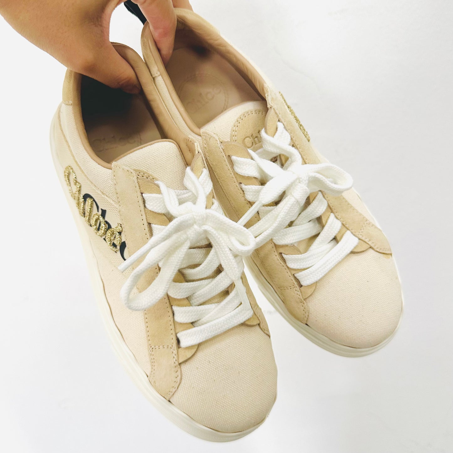 Chloe Lauren Blush Pink / Beige / White Giant Monogram Logo Lace Up Sneakers Shoes