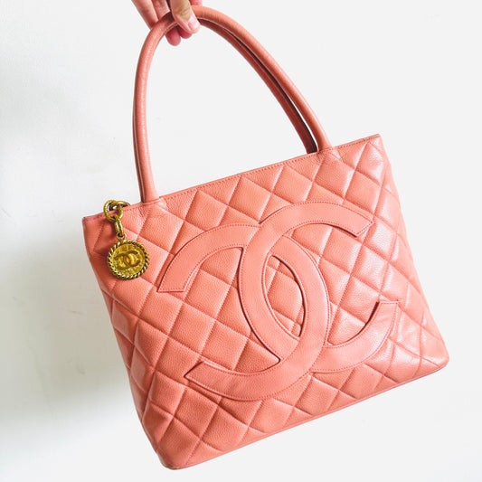 Chanel Rose Pink GHW Medallion Giant CC Monogram Logo Quilted Caviar Shoulder Shopper Tote Bag 2s