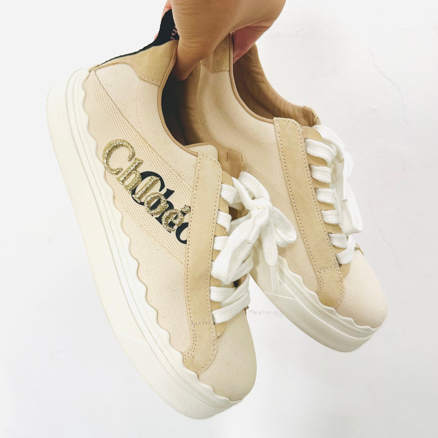 Chloe Lauren Blush Pink / Beige / White Giant Monogram Logo Lace Up Sneakers Shoes