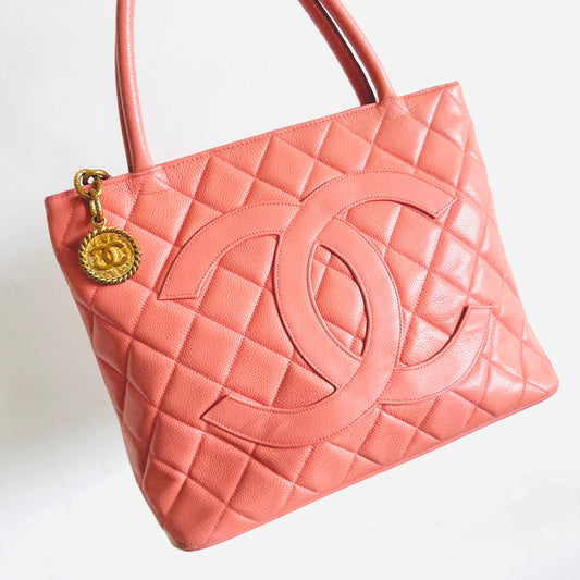 Chanel Rose Pink GHW Medallion Giant CC Monogram Logo Quilted Caviar Shoulder Shopper Tote Bag 2s