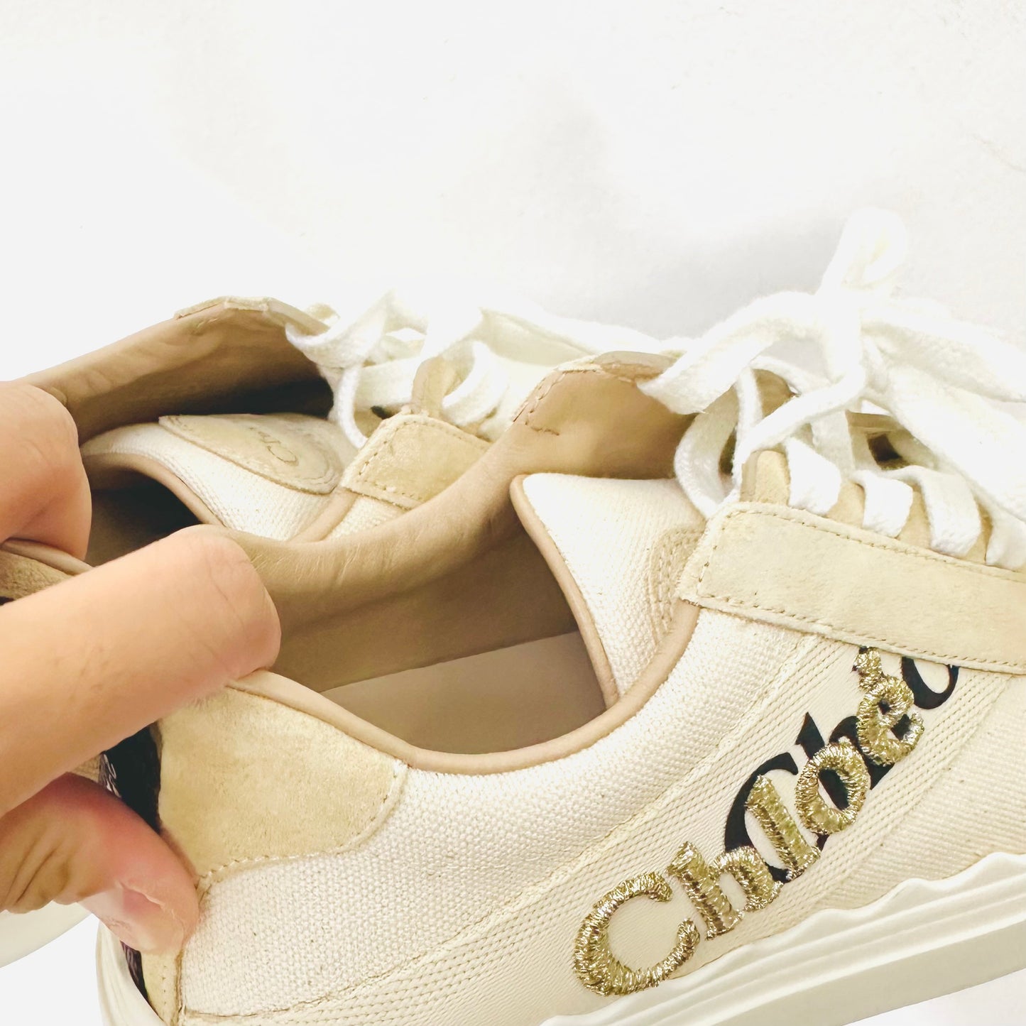 Chloe Lauren Blush Pink / Beige / White Giant Monogram Logo Lace Up Sneakers Shoes