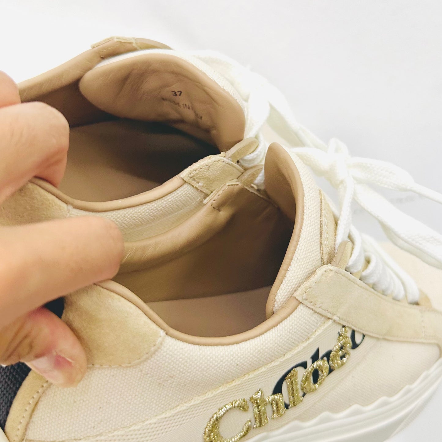 Chloe Lauren Blush Pink / Beige / White Giant Monogram Logo Lace Up Sneakers Shoes