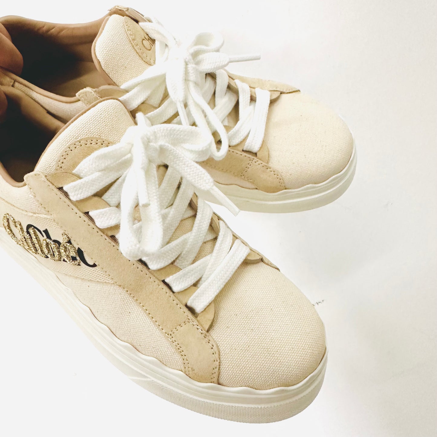 Chloe Lauren Blush Pink / Beige / White Giant Monogram Logo Lace Up Sneakers Shoes