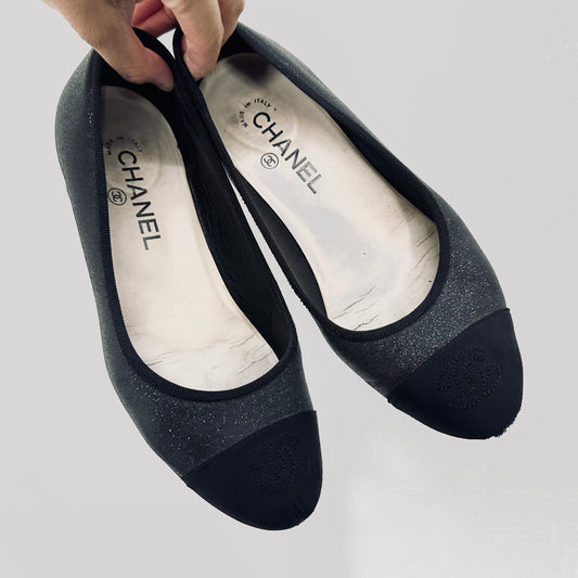 Chanel Classic Giant CC Logo Black Glitter Closed Toe Ballet Ballerina Mules Heels Pumps Shoes