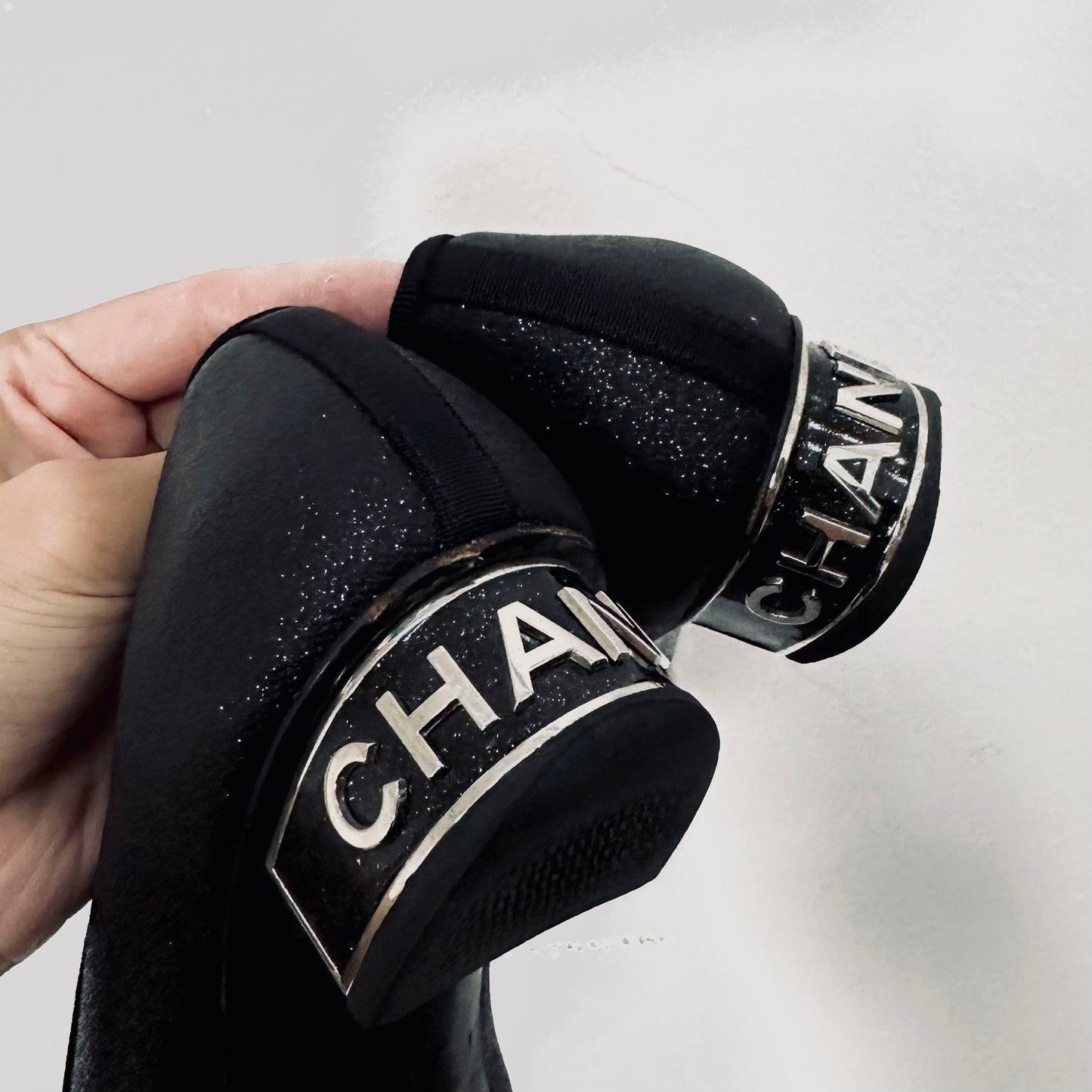 Chanel Classic Giant CC Logo Black Glitter Closed Toe Ballet Ballerina Mules Heels Pumps Shoes