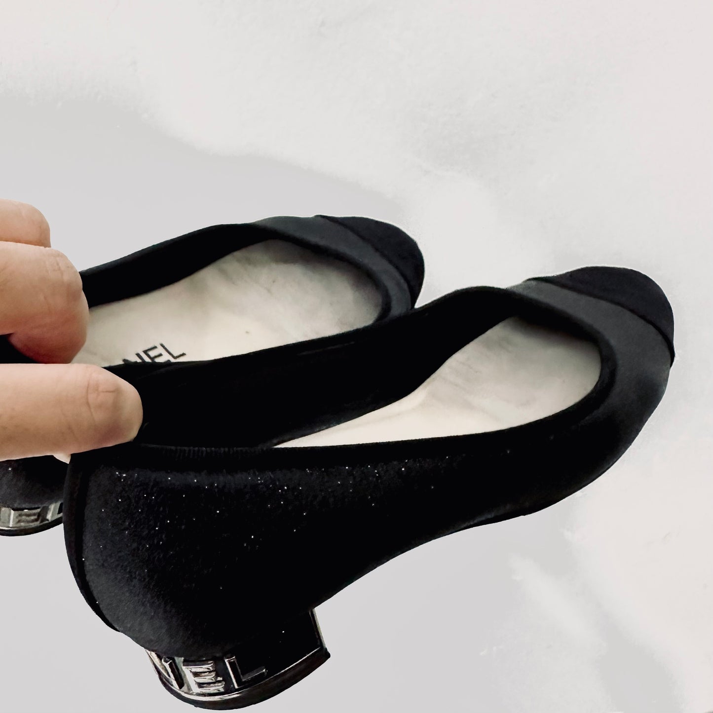 Chanel Classic Giant CC Logo Black Glitter Closed Toe Ballet Ballerina Mules Heels Pumps Shoes