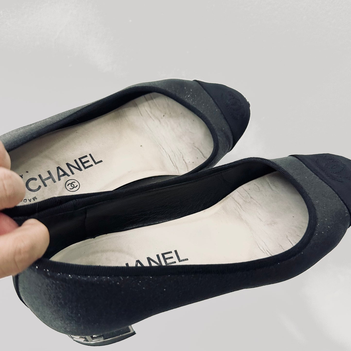 Chanel Classic Giant CC Logo Black Glitter Closed Toe Ballet Ballerina Mules Heels Pumps Shoes