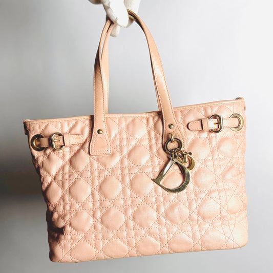 Christian Dior CD Lady Dior Blush Powder Pink GHW Cannage Quilted Small Shopper Shoulder Tote Bag
