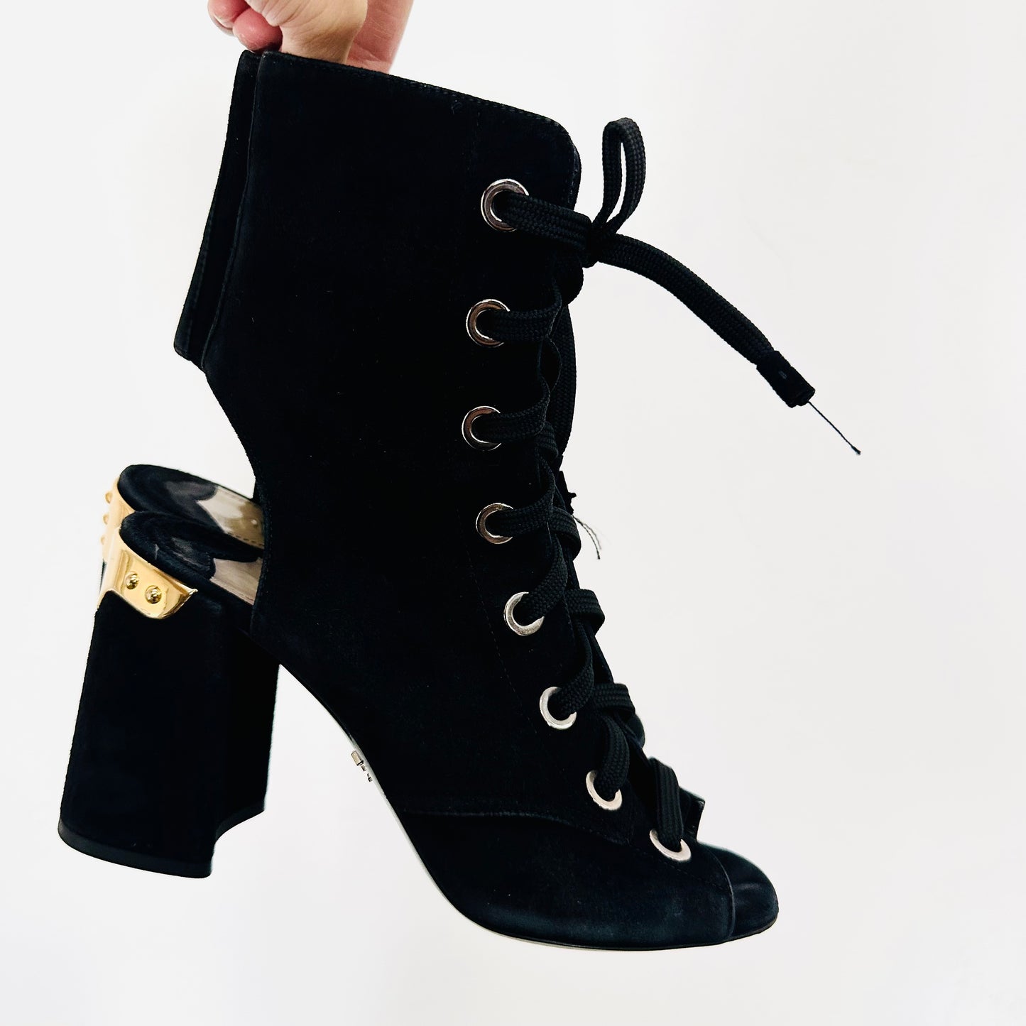 Prada Black GHW Gold Monogram Logo Suede Lace Up Side Zip Open Toe Chunky Heels Pumps Boots Shoes