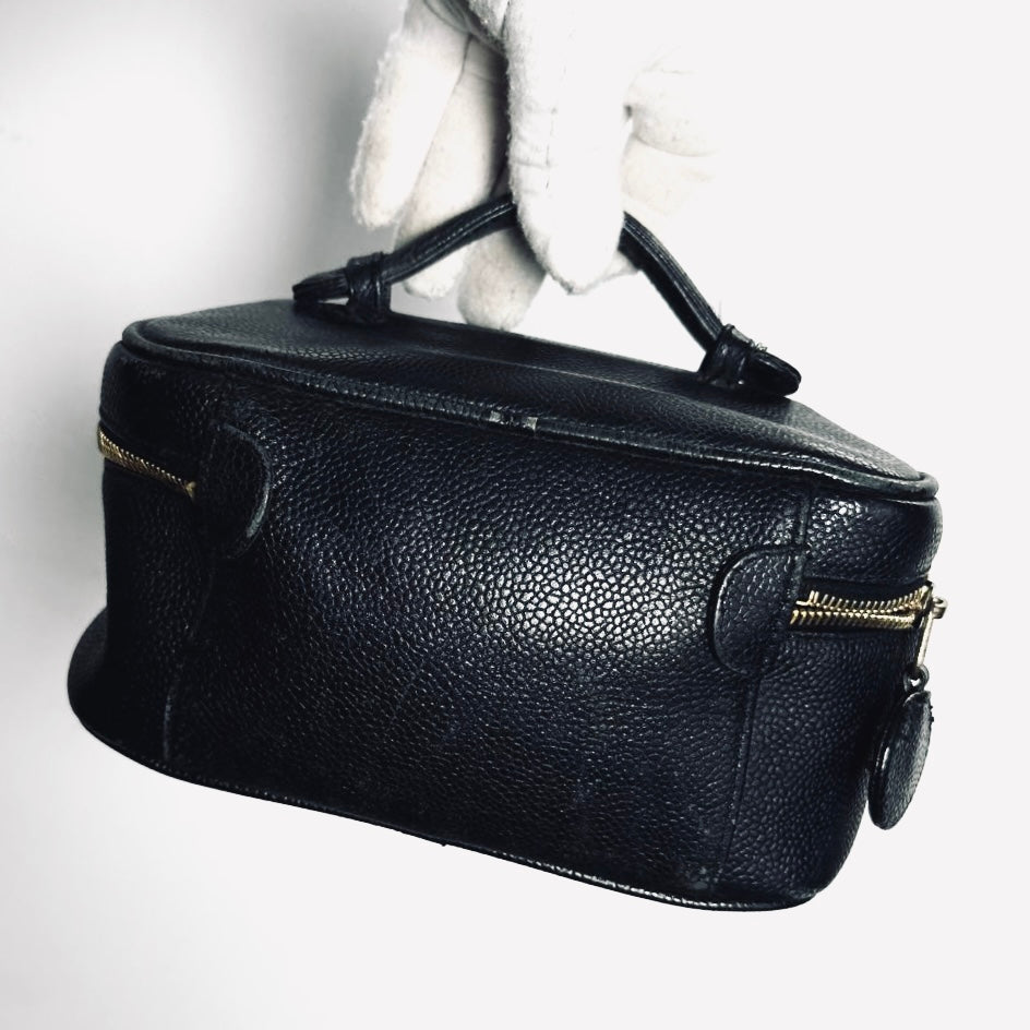 Chanel Black GHW Giant CC Logo Caviar Wide Horizontal Vanity Case Vintage Top Handle Bag