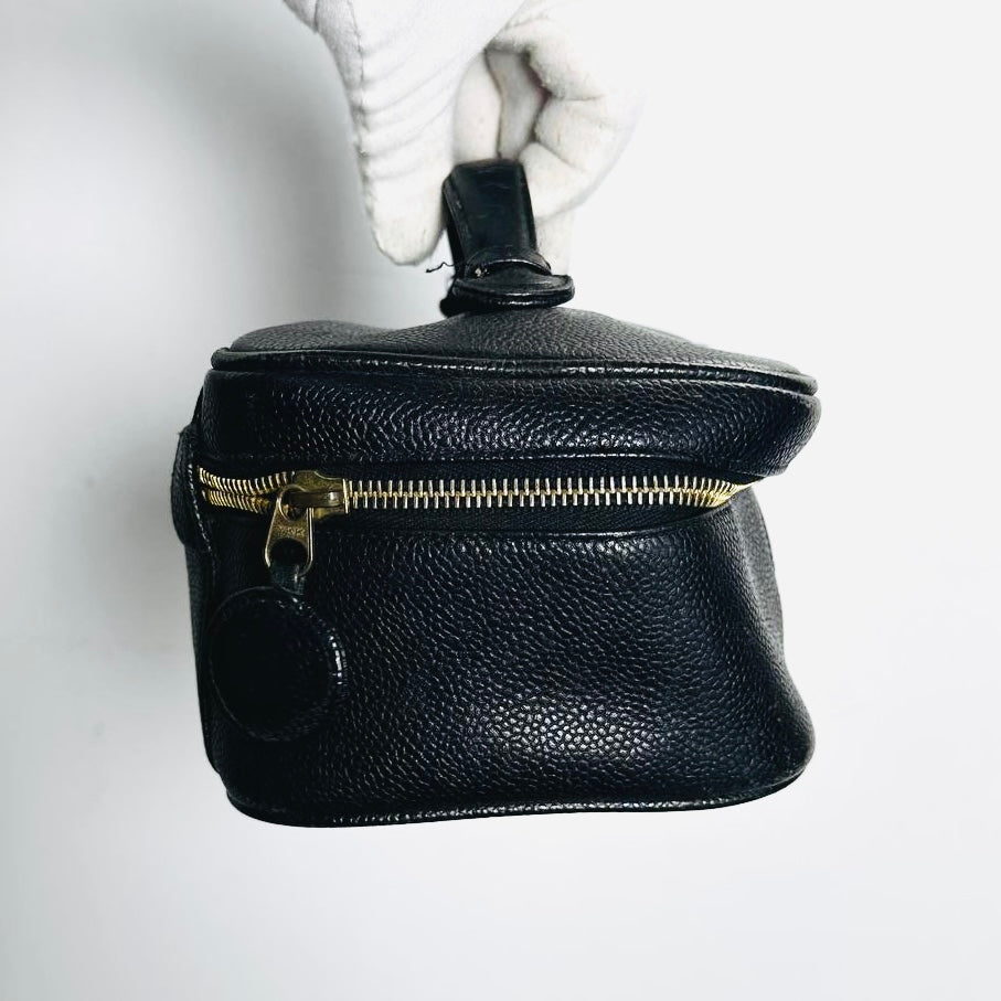 Chanel Black GHW Giant CC Logo Caviar Wide Horizontal Vanity Case Vintage Top Handle Bag