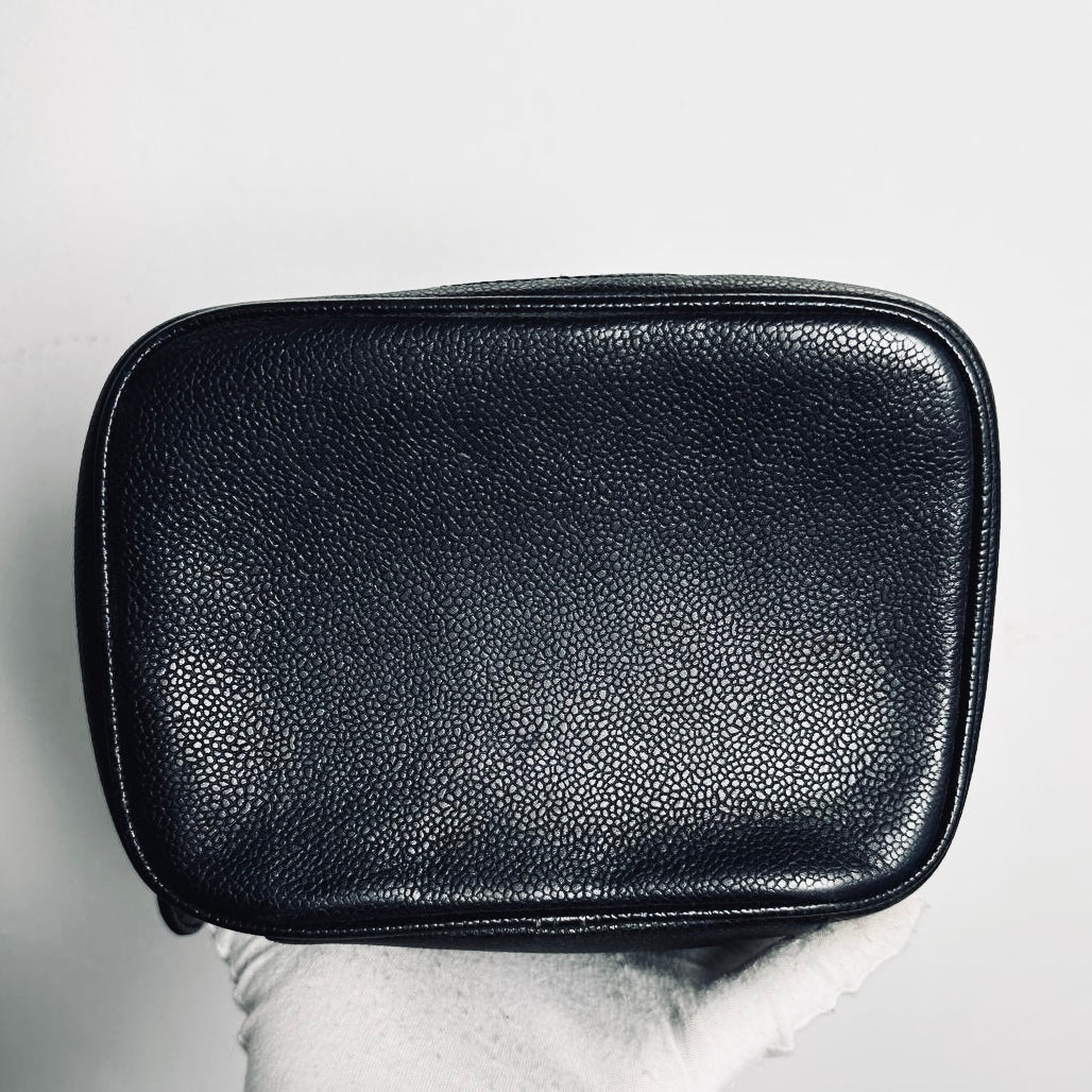 Chanel Black GHW Giant CC Logo Caviar Wide Horizontal Vanity Case Vintage Top Handle Bag